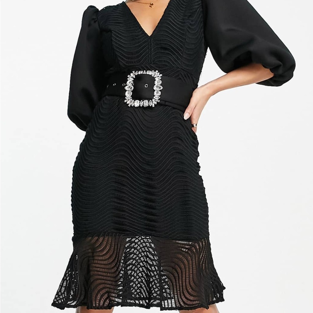 ASOS Black Midi Dress with Rhinestone Buckle